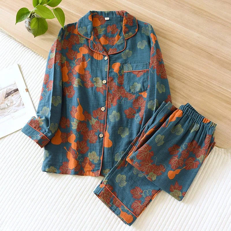 Japanese Spring and Autumn New Women\'s Pajama Set 100% Cotton Vintage Long Sleeved Pants Two Piece Set for Home Furnishings