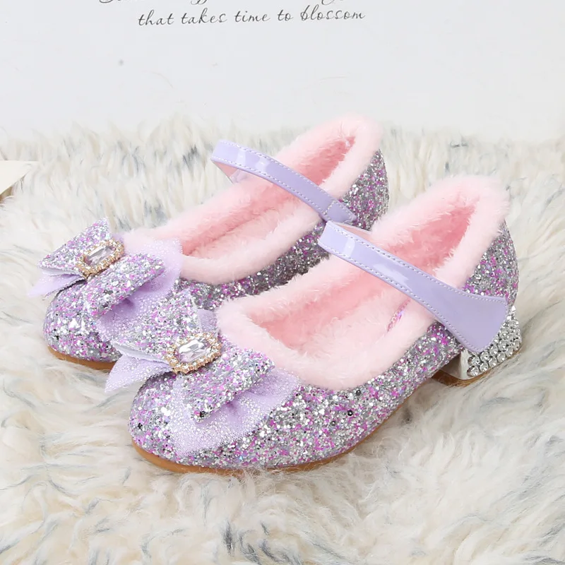 Winter Shiny Snow Queen Princess Elsa High Heels Padded Plush Fluffy Shoes for Girls Fairy Masquerade Birthday Party Dress Up