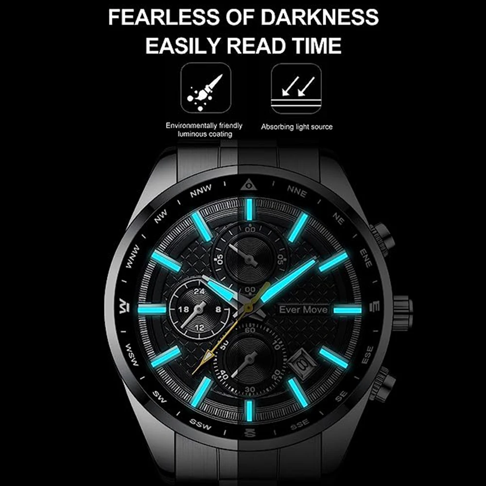 Ever Move-reloj de cuarzo para hombre, cronógrafo de pulsera, de acero inoxidable, resistente al agua, deportivo, Luminoso, de marca superior de