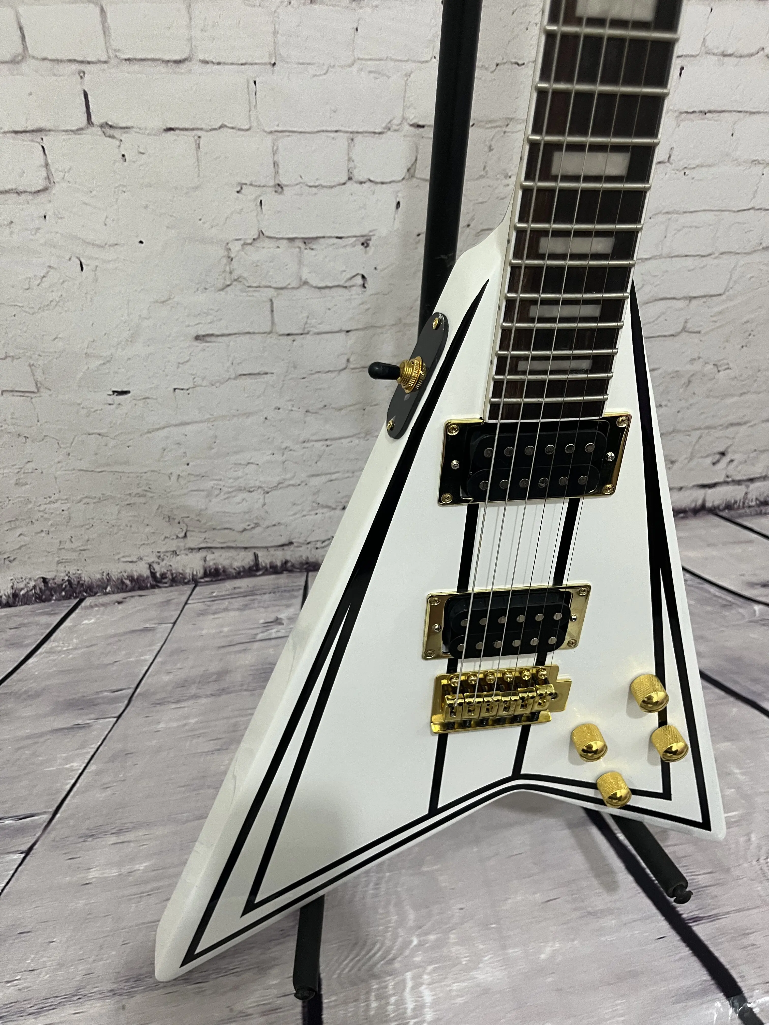 Shaped Hot Guitar White Black Line V Shape  HH Pickups Fixed Bridge Gold Hardware Free Shipping Classic Rock Music
