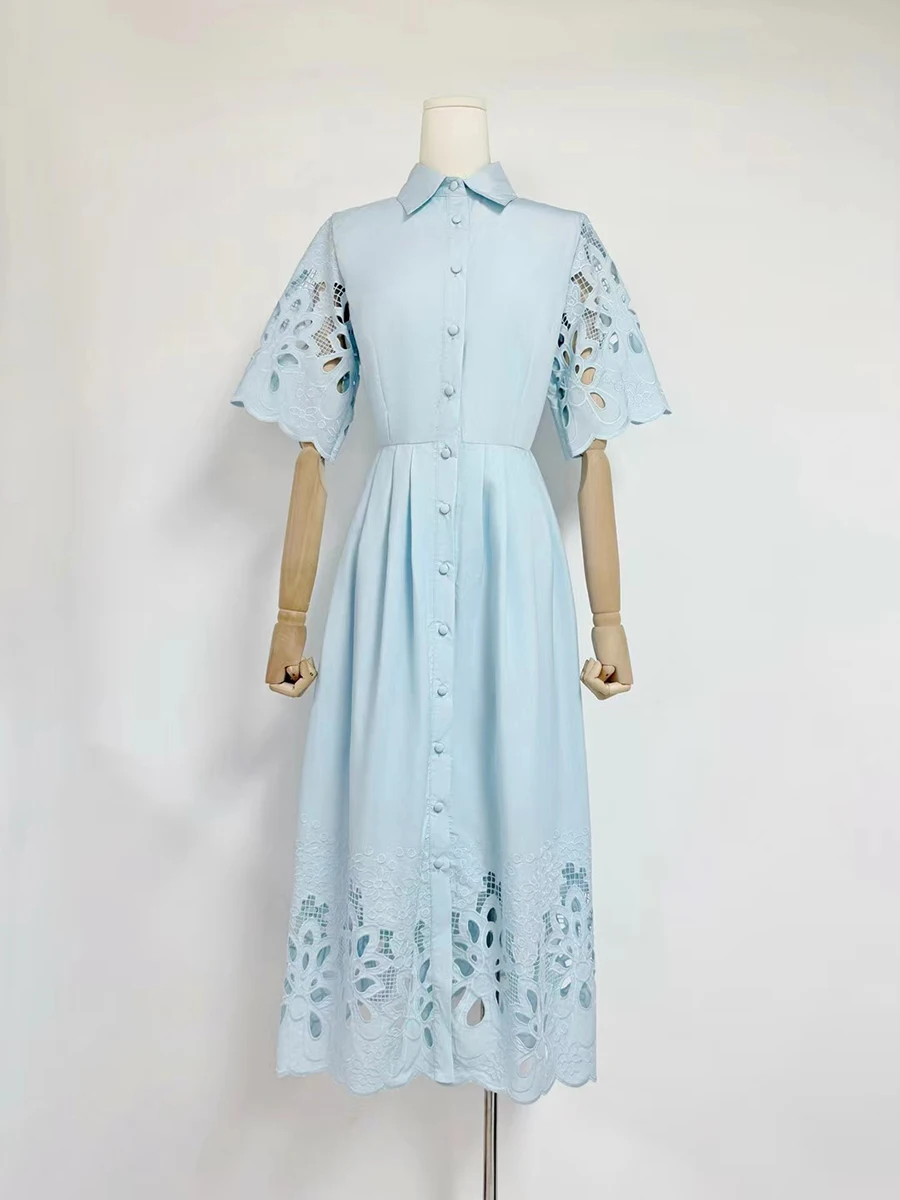 VGH Plus Size Spliced Buttons Shirt Dress for Women Lapel Short Sleeve High Waist Patchwork Hollow Out Elegant Dresses Female