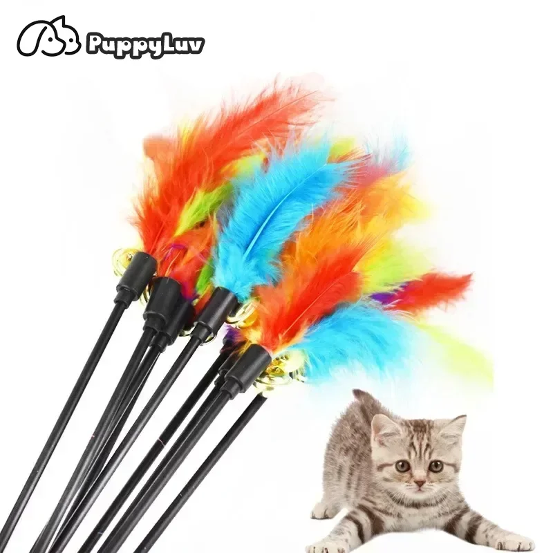 1pcs Funny Kitten Cat Teaser Interactive Toy Rod with Bell Feather Toys For Pet Cats Stick Wire Chaser Wand Toy Random Color