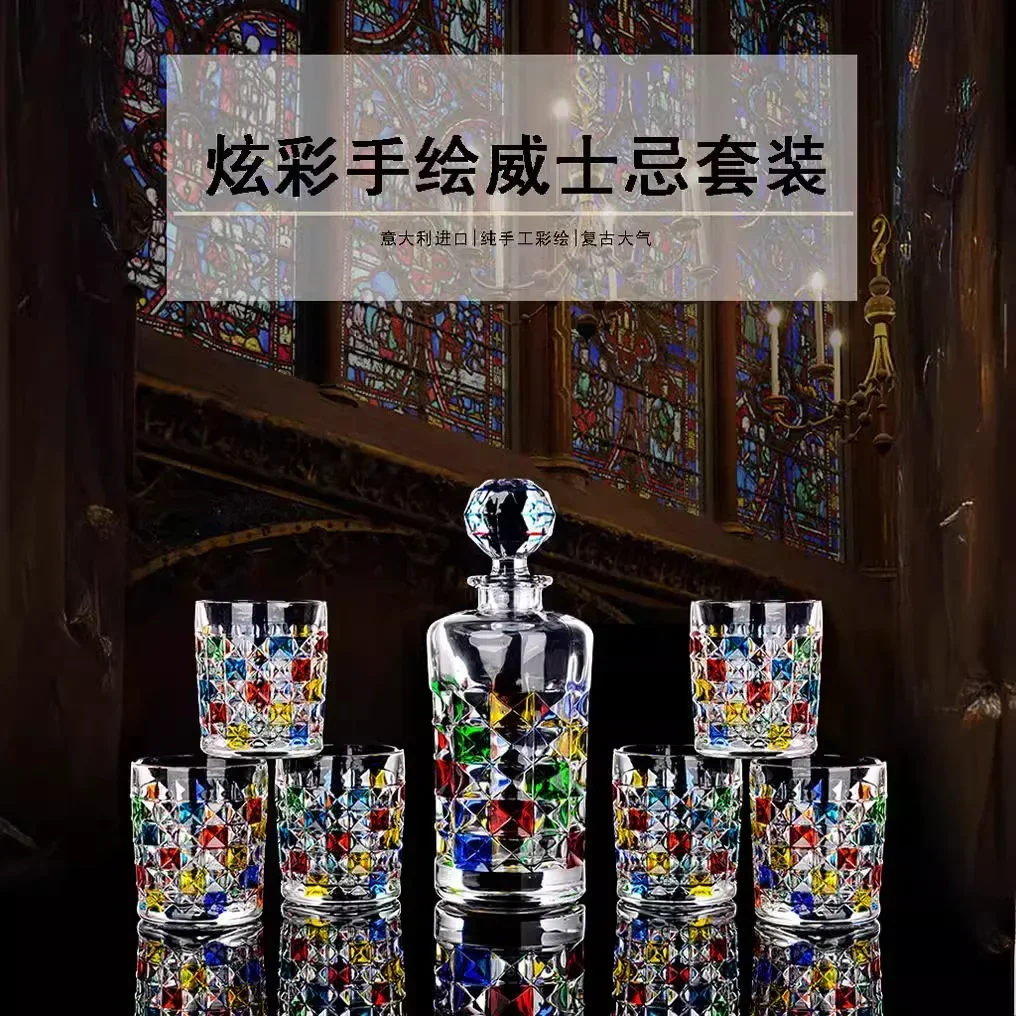 Handicraft Color Hand-painted Foreign Wine Whiskey Bottle Crystal Glass Ice Crack Home Set