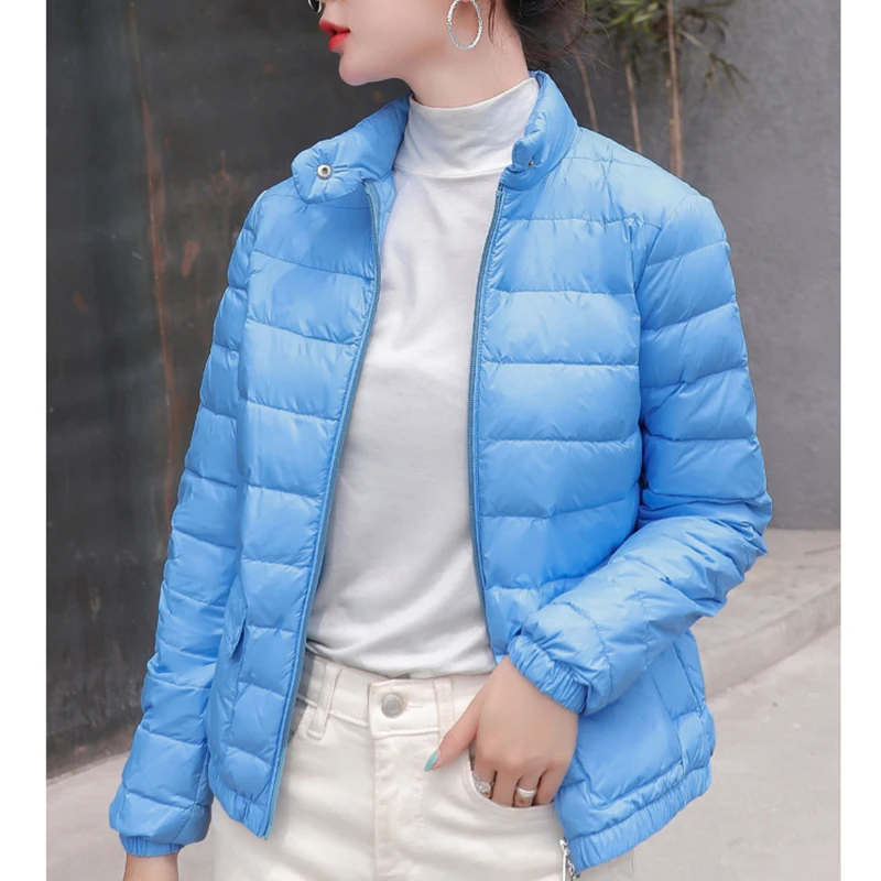 High quality women\'s thin autumn down jacket with zipper stand collar long sleeved short jacket