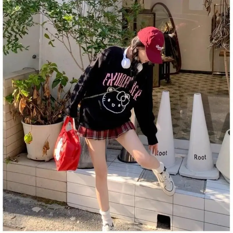 

Вязаный свитер Sanrio Hello Kitty для женщин, осенний, в японском ретро-стиле, для весны и осени, модный, новый 2026, милый, в стиле Lazy Fashion