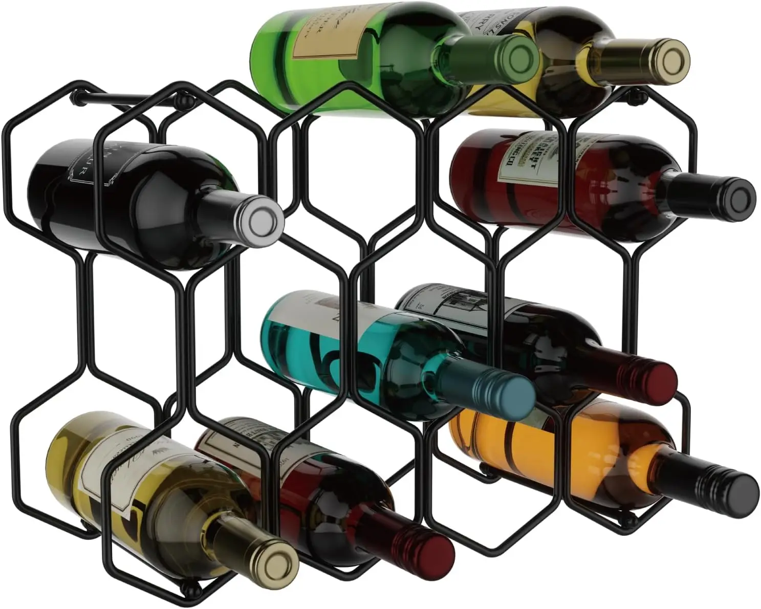 

Modern 14-Bottle Metal Wine Rack for Kitchen, Bar, or Cabinet Storage in Black
