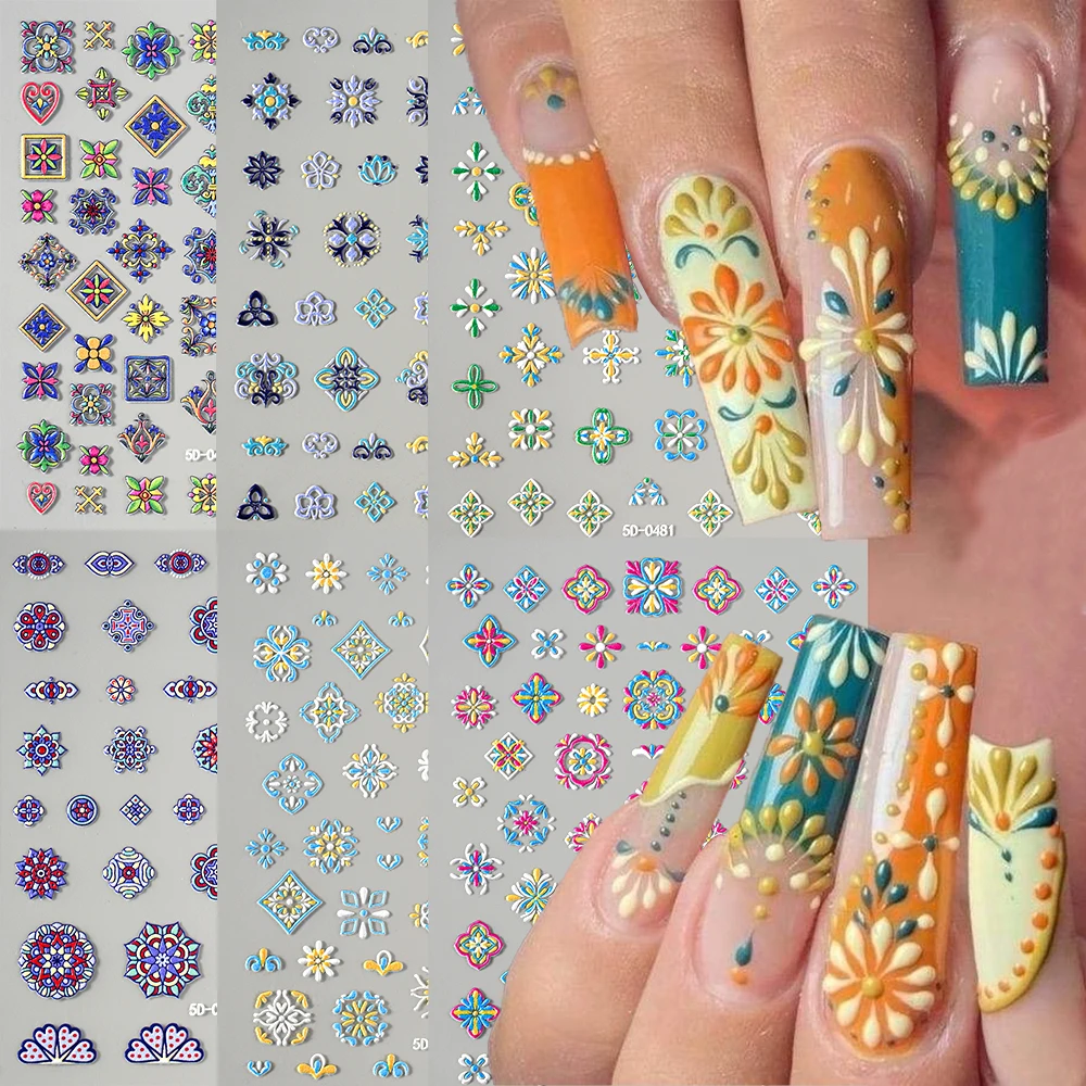 1pcs Bohemian Painted Embroidery Nail Sticker 5D Retro Ethnic Unique Pattern Self Adhesive Flower Decal Mexican Nail Art Sticker