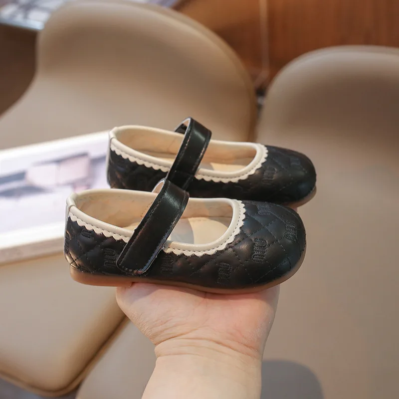 Children Leather Shoes Girls Fashion Solid Soft Sole Princess Shoes Round Top Low Top Embroidery Flats Shoes Size 21-35