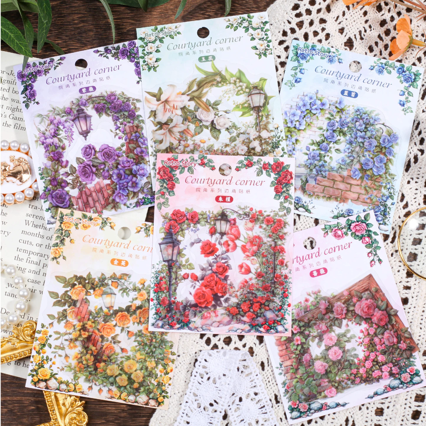 30 pcs Flowers Corner Stickers Retro Hollowed Out Frames Sticker Pack Collage Journal Scrapbooking Material Office Stationery