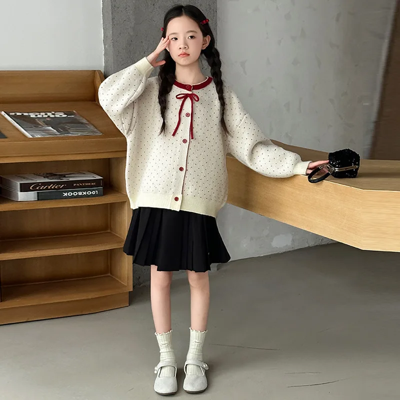 

Korean Children Girl Two-piece Outfit Autumn Teenager Girls Bowknot Dot Printed Sweater Junior Girl Pleated Skirt 4-14Y Girl Set