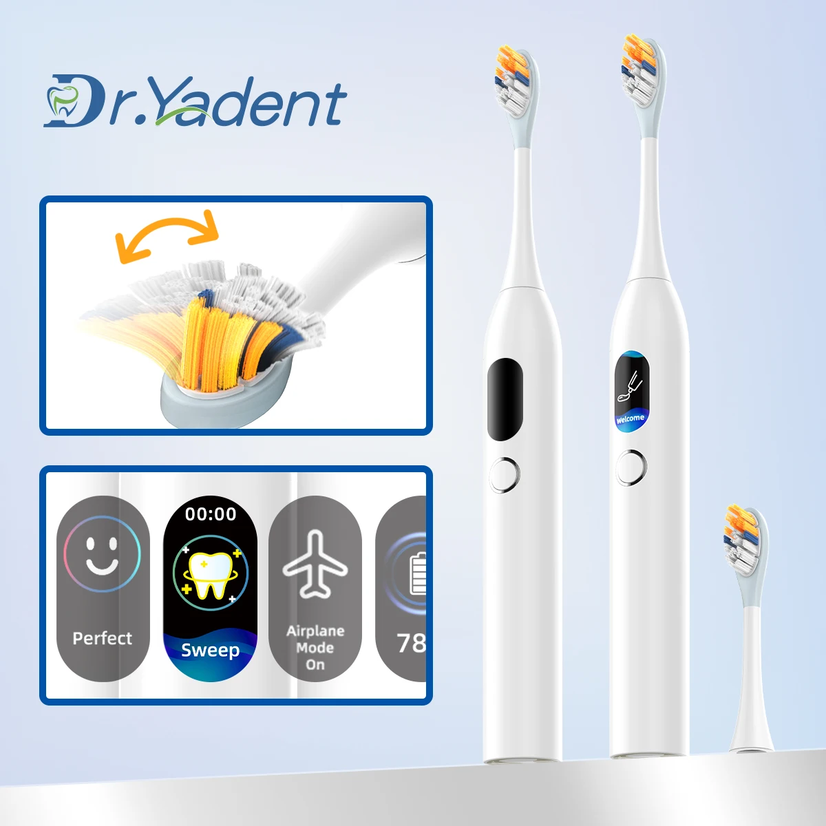 Dr.Yadent YD04 Sweeping Electric Toothbrush LED Monitor 5 Modes Airplane Mode for Travel Mate Silicone Coated Gel Brush Head
