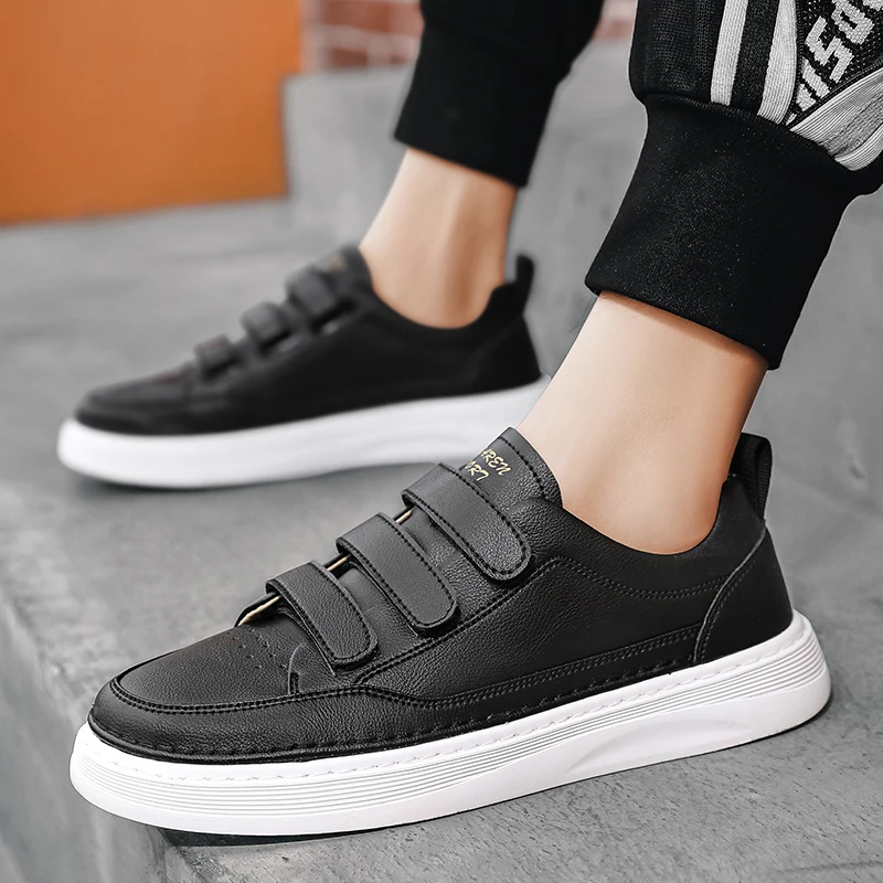 Men\'s Fashion Shoes 2022 Spring New All-Match Hook & Loop White Sneakers Men Leather Casual Shoes Male Korean Style Flats Shoes