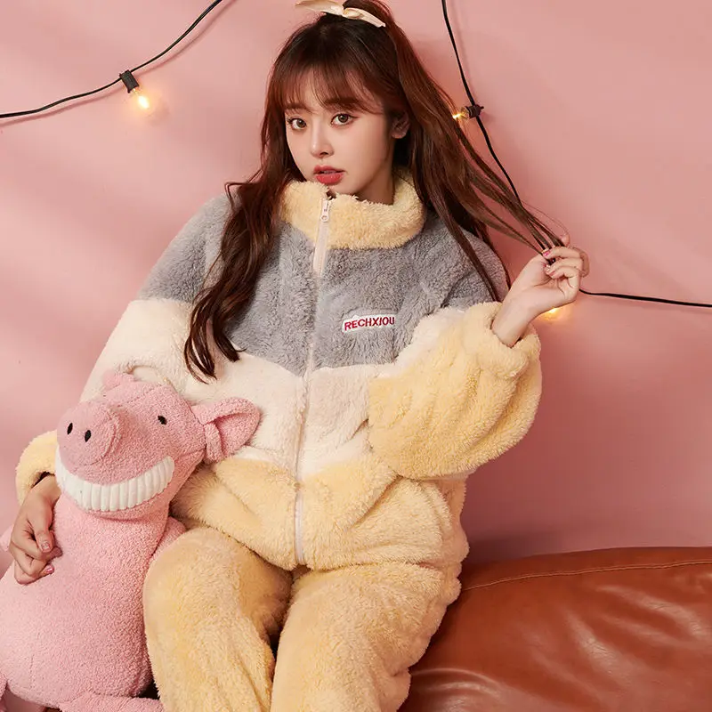 

Пижамы из кораллового флиса, женские зимние комплекты из двух предметов, корейская версия, милая, милая, студенческая, осенняя, утепленная фланелевая флисовая одежда для дома