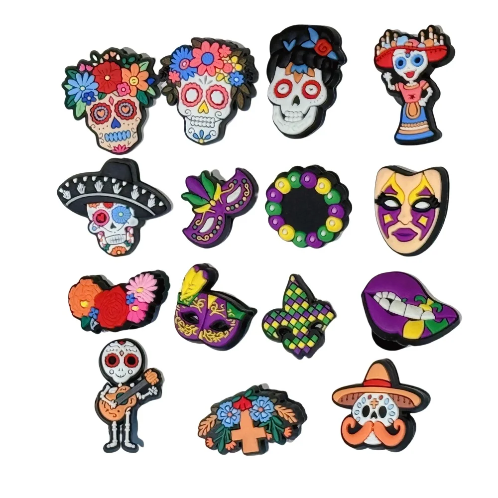 15Pcs Cartoon Day of the Dead Skull mask Flower Mexico PVC Shoe Charms Clogs Pins Sandals Shoes Decoration Halloween Party Gift