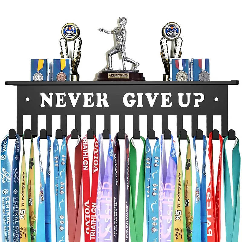 

Never GiveUp Awards Display Shelf Medal Holder Rack Metal Iron Wall Mounted Medal Hangers Games Race Medal Frame Home Decor