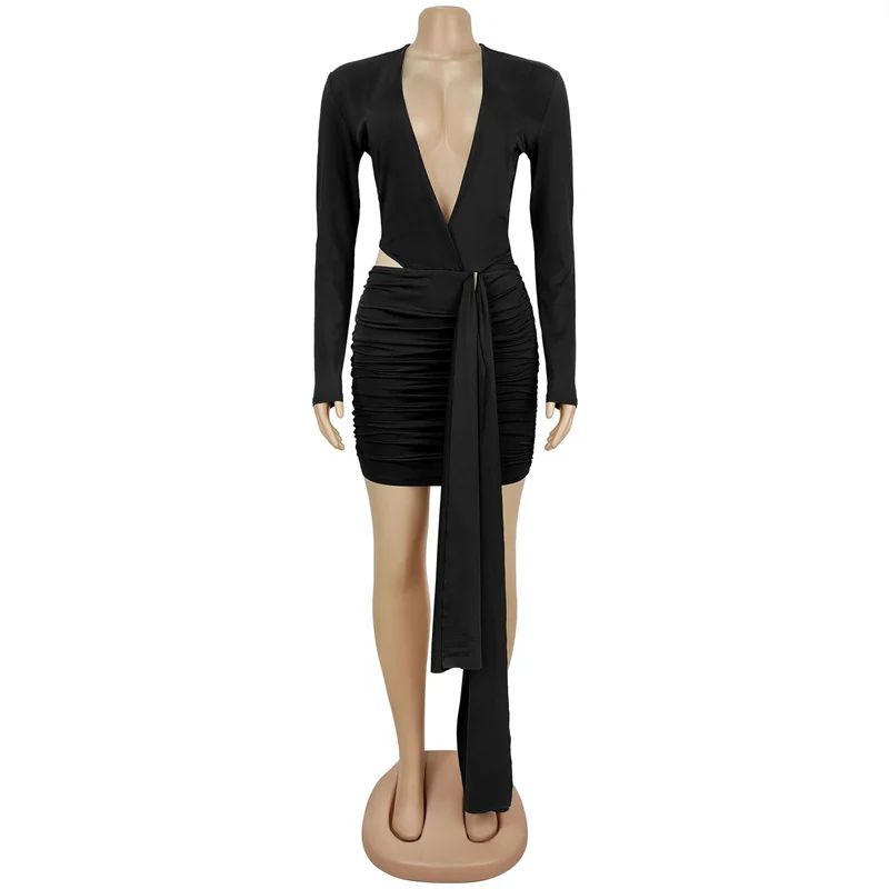 فساتين حفلات صغيرة مثيرة بأكمام طويلة ورقبة على شكل V عميقة مع شريط طويل للنساء مكشكشة موديل 2025 فستان للنوادي الليلية باللون الأسود والأبيض #5