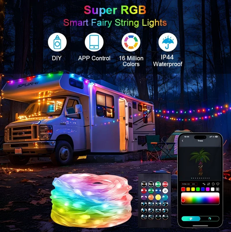 RGB Leather LED Fairy Lights 10M 40M Smart Bluetooth Music Light String IP65 Holiday Garland Decoration