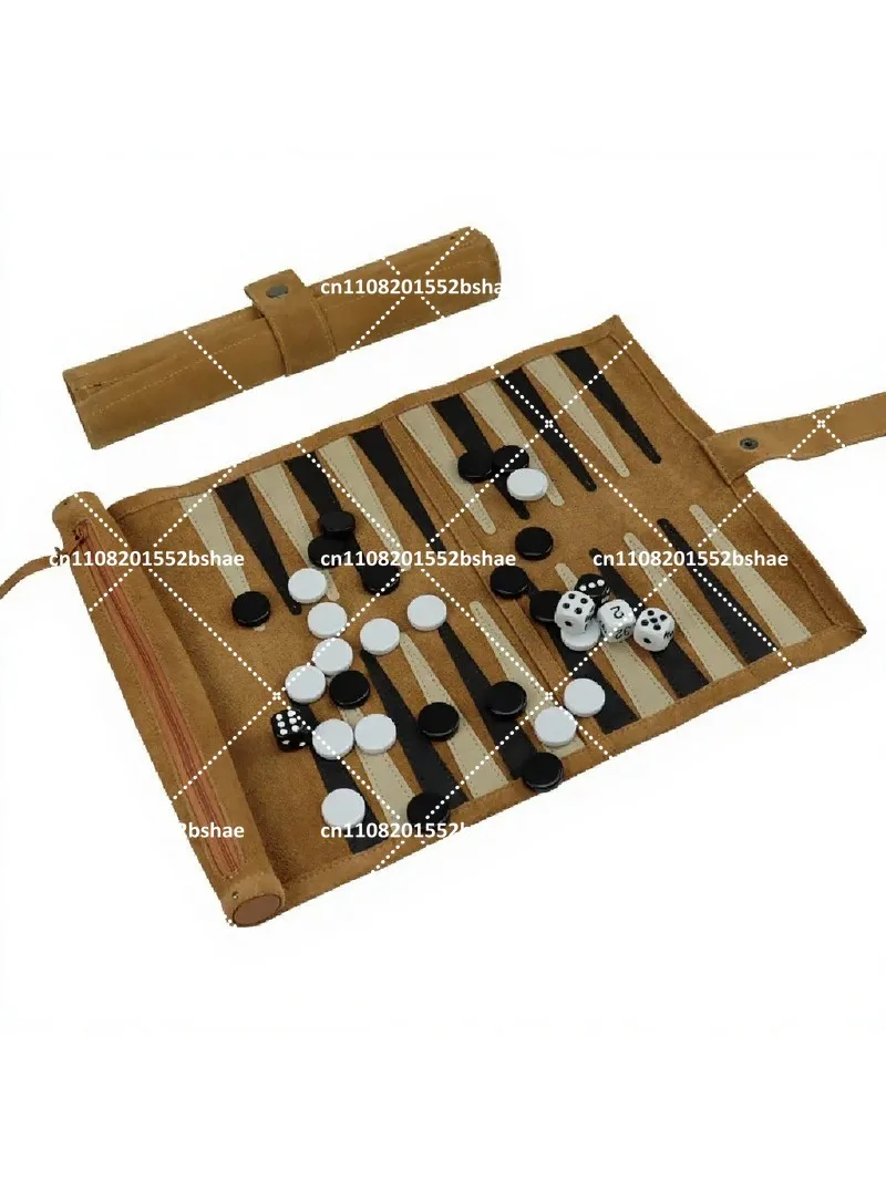 Portable Backgammon Set Roll Up Storage Suede Case with Black White Pieces Travel Board Game Outdoor Fun