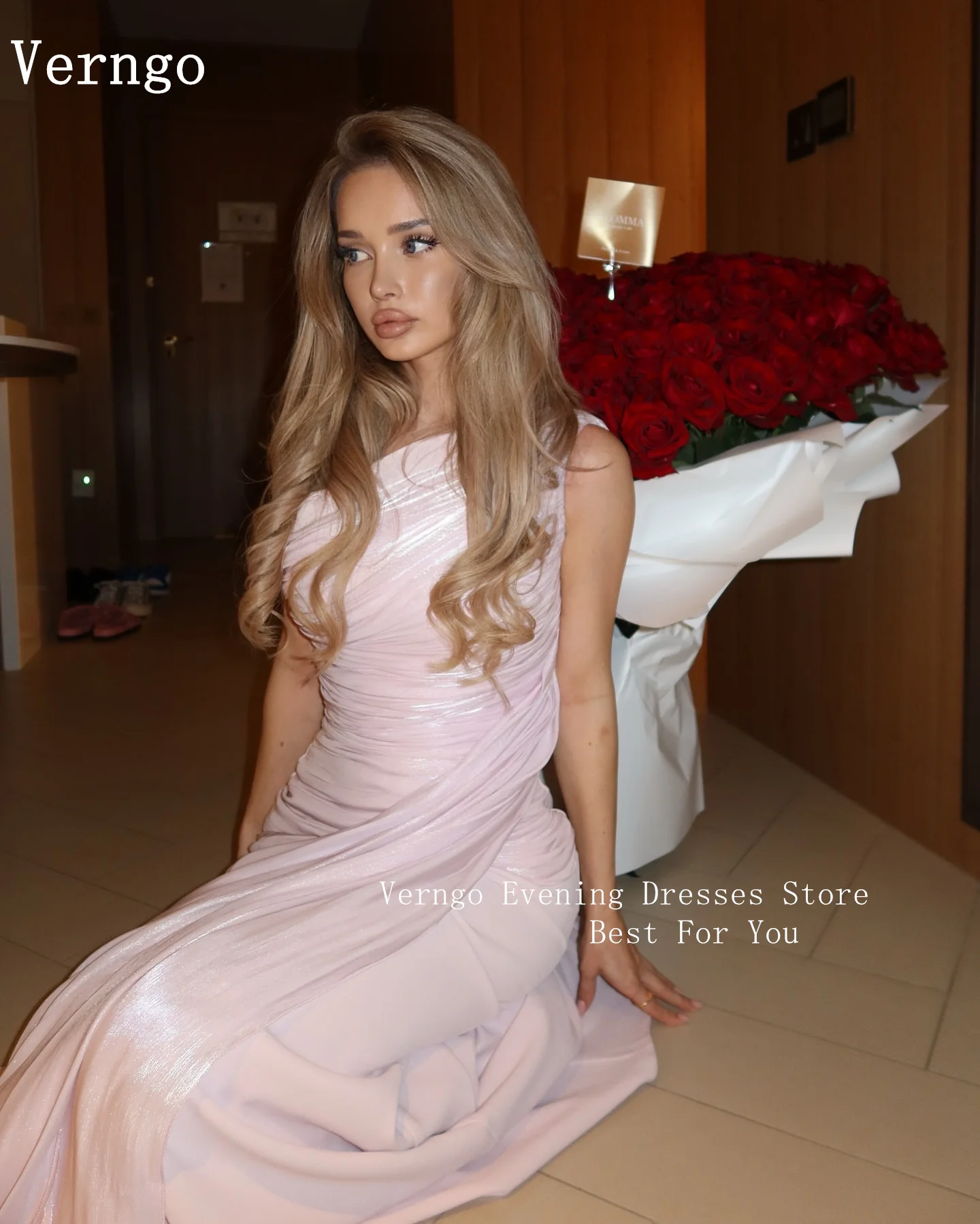 

Verngo Pink Shiny Prom GownsOne Shoulder Mermaid Formal Occasion Dress Maxi Elegant Pleat Arabic Prom Evening Dress