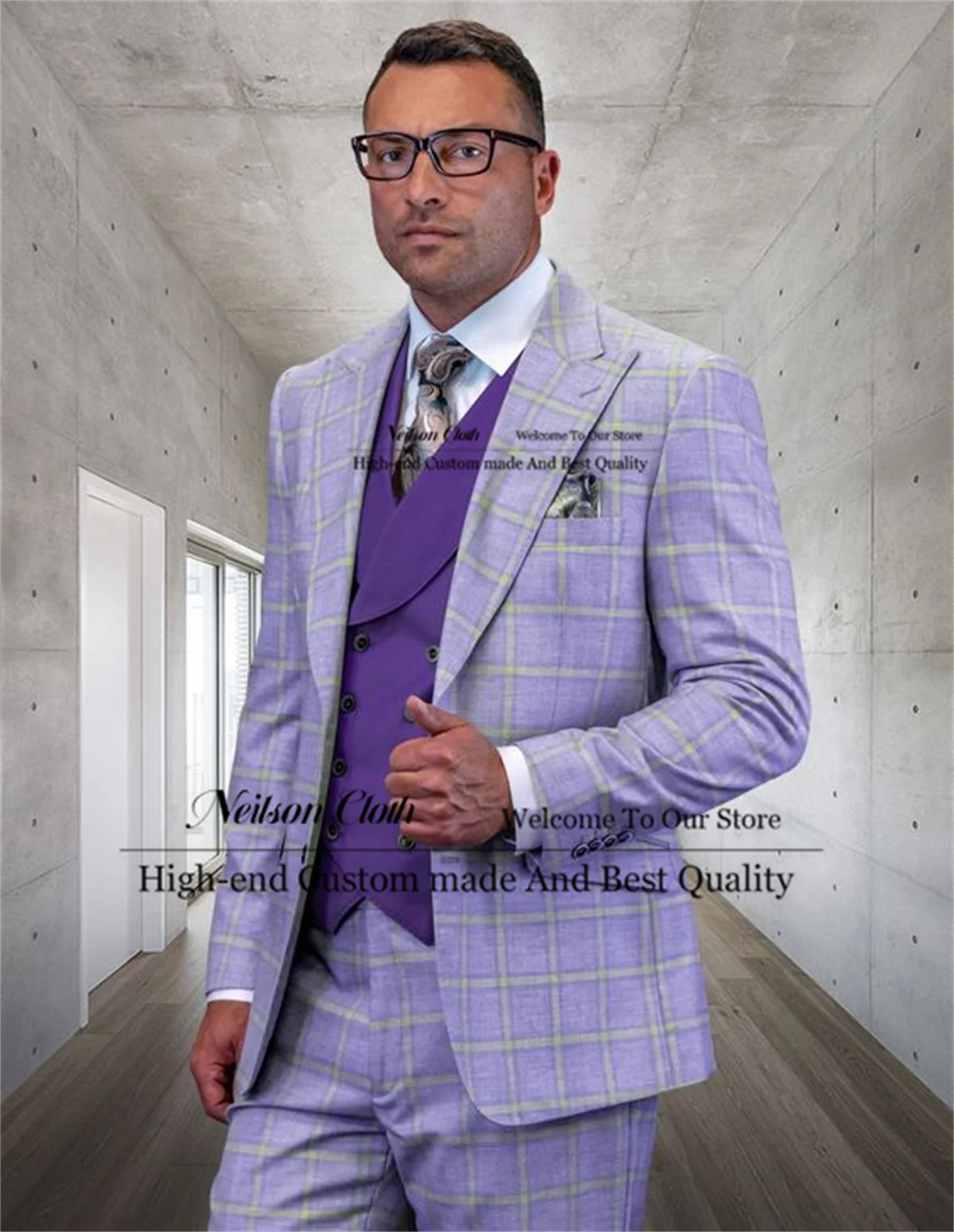 

Formal Purple Male Prom Blazers 3 Pieces Sets Peaked Lapel Groom Wedding Tuxedos Plaid Slim Fit Business Terno Masculino