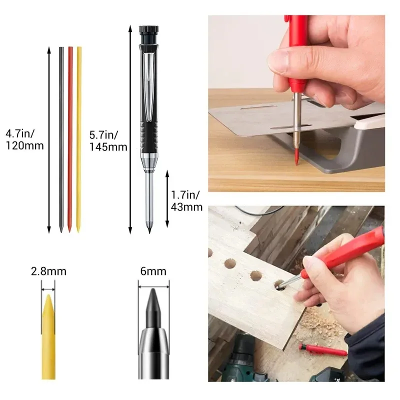 Solid Carpenter Mechanical Pencil 2.8mm Lead Built‑in Sharpener & Refill, Deep Hole Marking for Woodworking Construction Tools