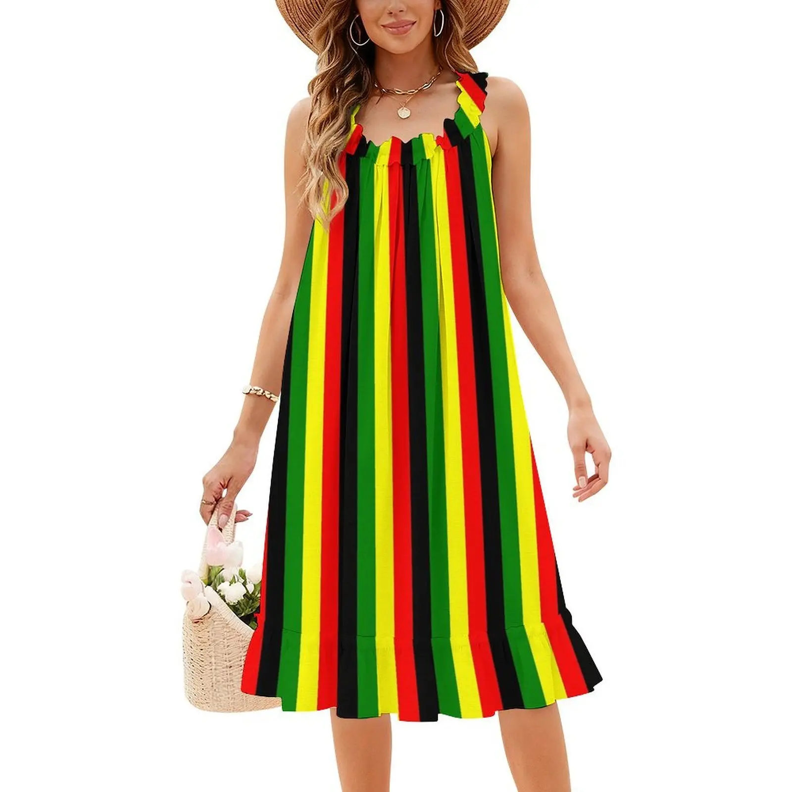 فستان قصير بألوان الراستا أحمر أخضر ذهبي ألوان زاهية مخطط على طراز بريبي للنساء على شكل حرف a فضفاض مناسب فستان يوم غير رسمي الراستا #4