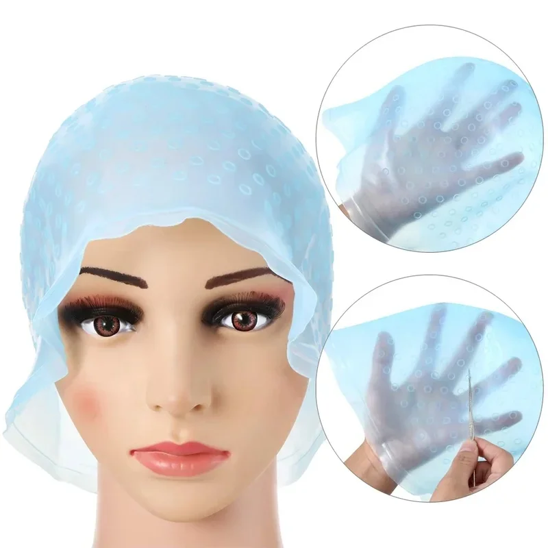 Reusable Silicone Hair Dye Highlight Cap 1Set, With Hook Needle, Professional Barber Salon Hair Coloring Tools