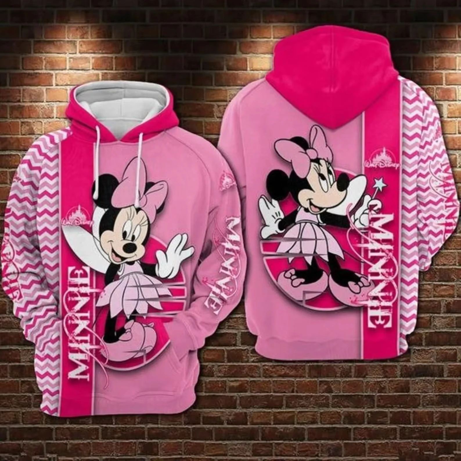 (MINISO)Disney Minnie Mouse 3D Print Hoodie Mens Womens Casual Sports Pullover Hoodie Cartoon Zipper Hoodie Fashion Streetwear