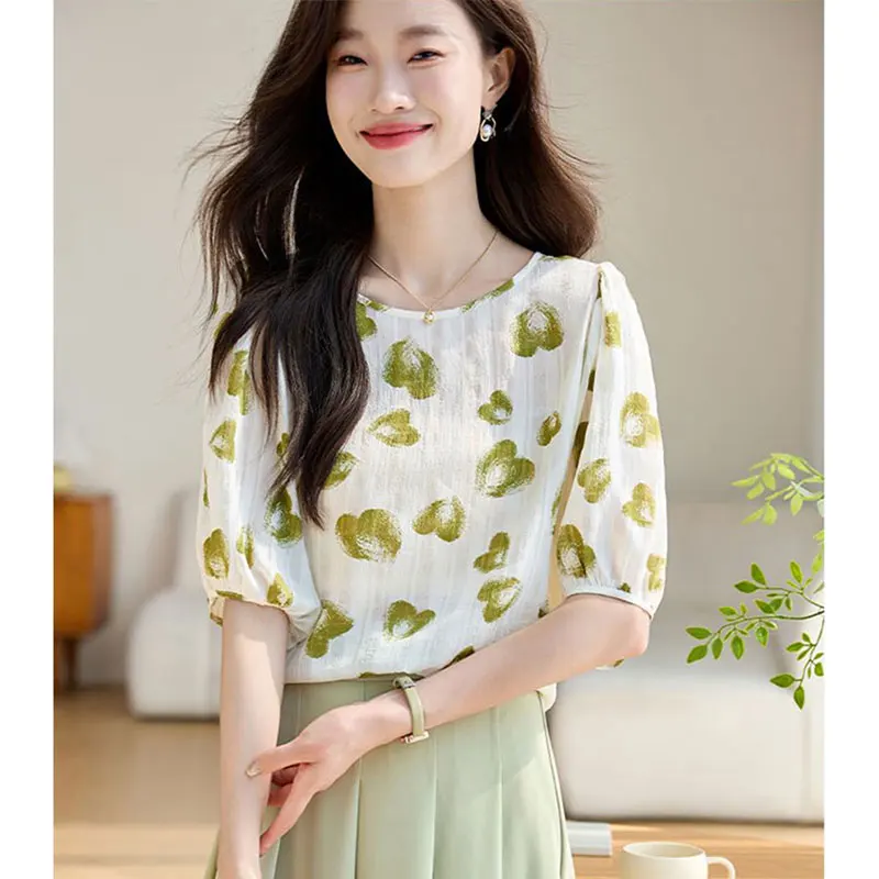 Women's Summer Fashion Elegant Simplicity Printing O-neck Short Sleeve Chiffon Shirt Women Clothes Temperament Casual Loose Tops