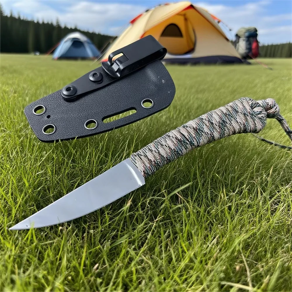 Cuchillo recto con hoja 440c, mango de cuerda de nailon, corte afilado, delgado, para acampar al aire libre, práctico, cuchillo duradero de alta calidad