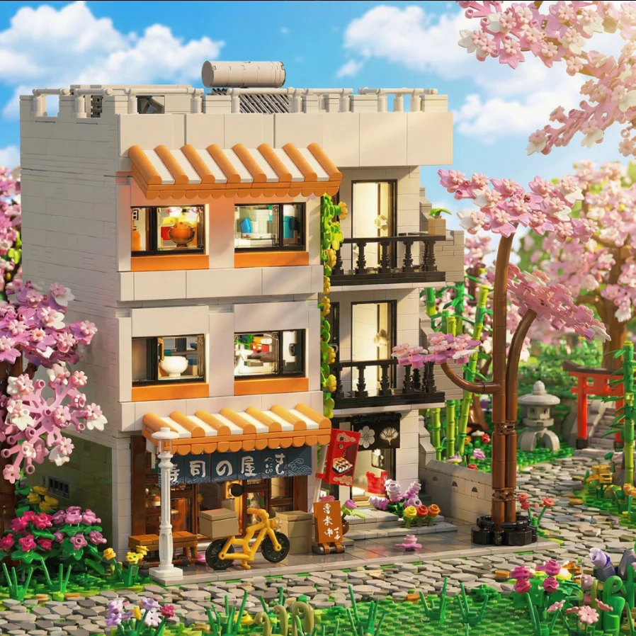 3911PCS Sushi Shop Apartment Building Blocks Set Japanese Street View House Cherry Blossom Architecture Modular Model Kit with 5 Figuren and LED Lighting DIY Assembly Bricks Toys for Adults Gift Desktop Ornament Collection Display Home Decortion