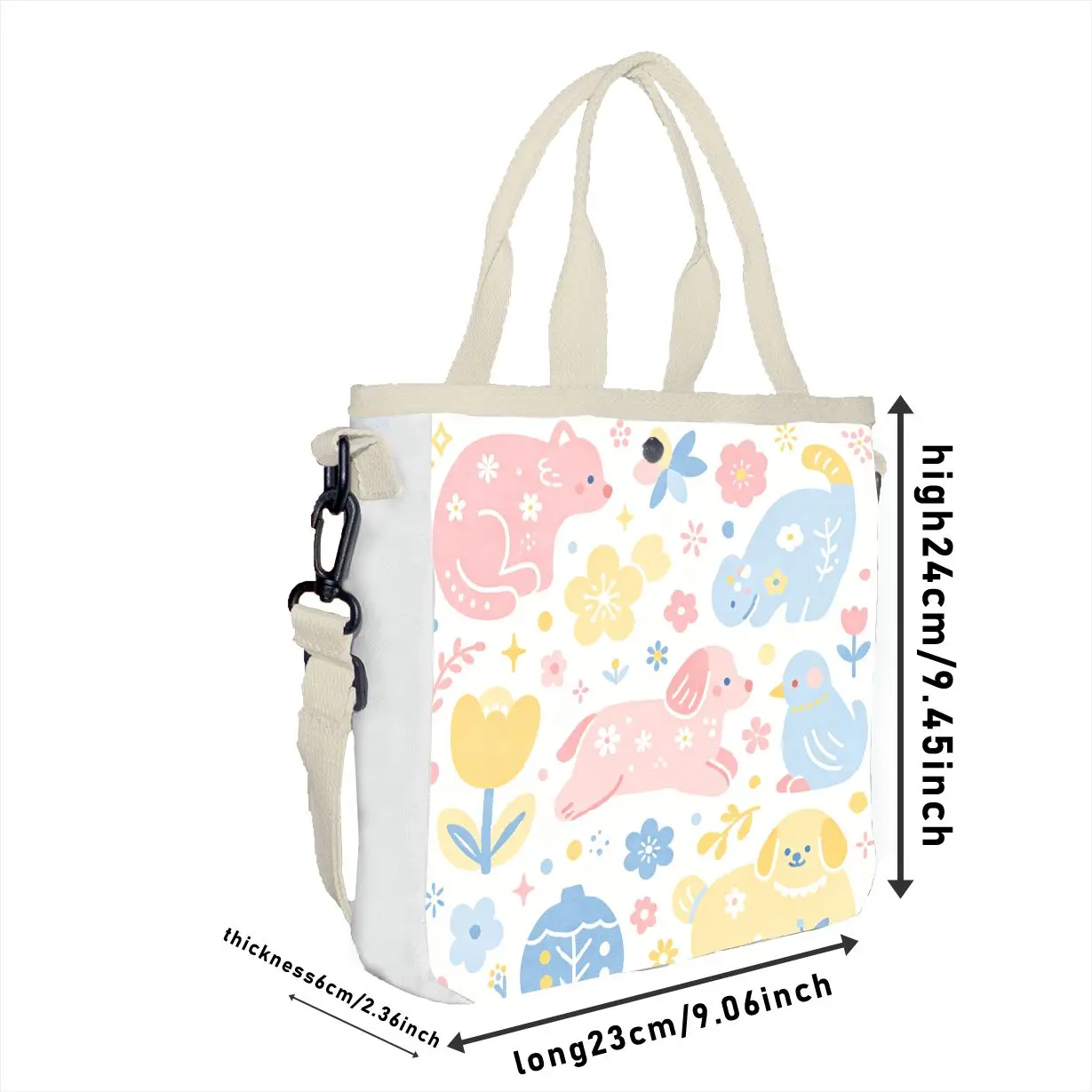 Pastel Cute Animal & Floral Print Tote Bag, Adjustable Strap Kawaii Minimalist Shoulder Bag