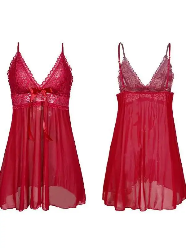 ชุดเดรสซีทรูผ้าลูกไม้เซ็กซี่สำหรับฤดูร้อน สายเดี่ยวเว้าลึก บางเบา ชุดนอนสีพื้น แต่งโบว์  ชุดเดรสโปร่งใสสวยงาม JOBE