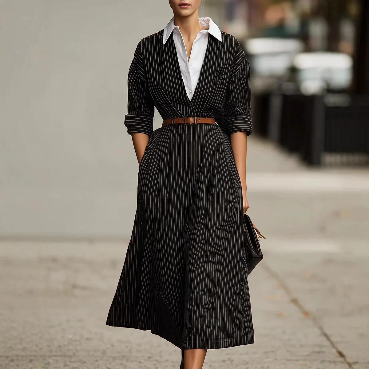 

Elegant office Striped Print Women Dress Lapel Collar Shirt Dress Fashion Pocket Long Casual Long Sleeve Button Party Dress