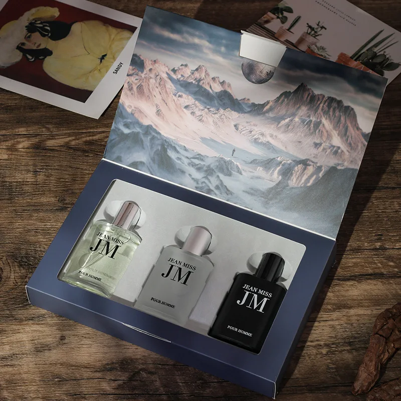 3 Pcs Men Eau de Toilette Cologne Gift Set, Embossed Square Bottle Woody Aquatic Masculine Fragrance Sampler Kit, Black Red Blue Multi Color Perfume Spray, Blue Scenery Flip Gift Box for Dating Travel, Gift for Husband Boyfriend