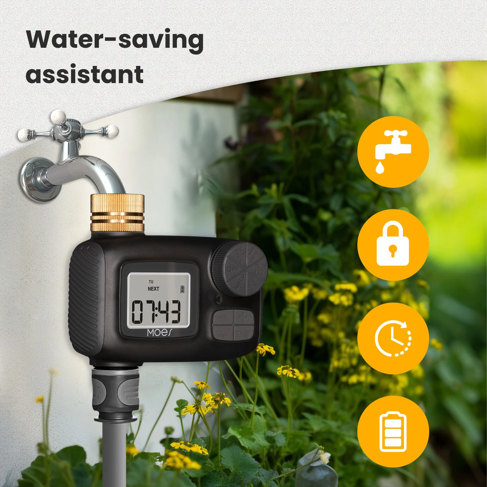 For MOES Water Timer Intelligent Irrigation Watering System 1-Outlet IP55 Waterproof Brass Inlet Rotary Knob Button Control