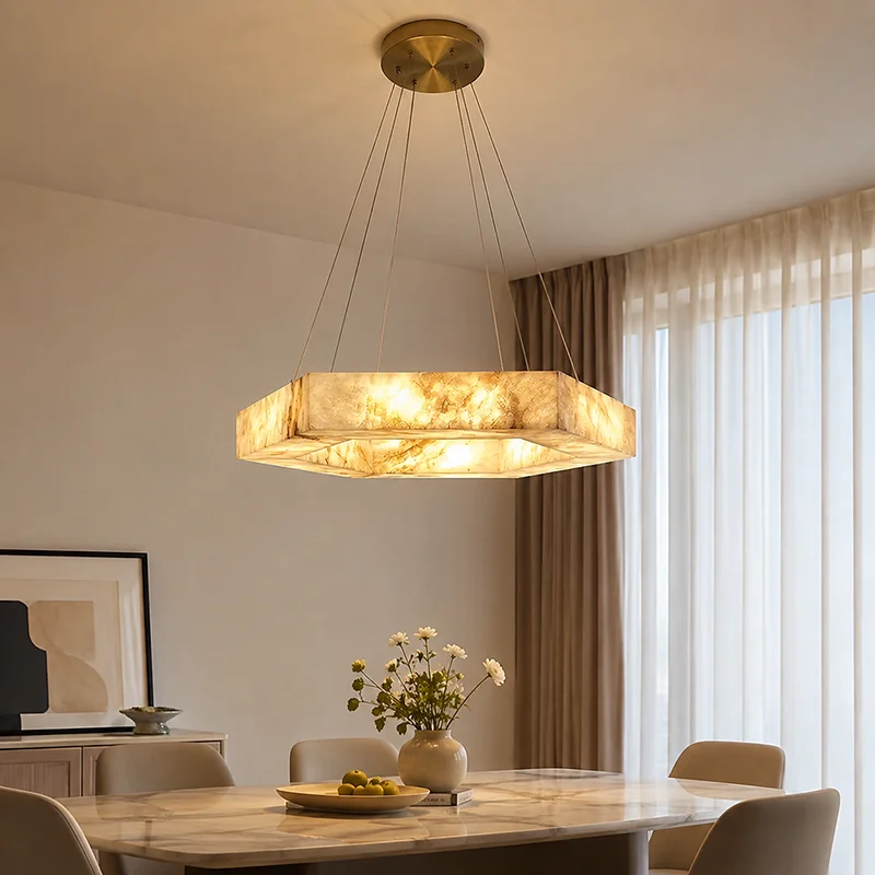 Modern Hexagon Alabaster Chandelier Minimalist Natural Marble Pendant Light for Dining Living Room Bedroom LED Lighting Fixtures