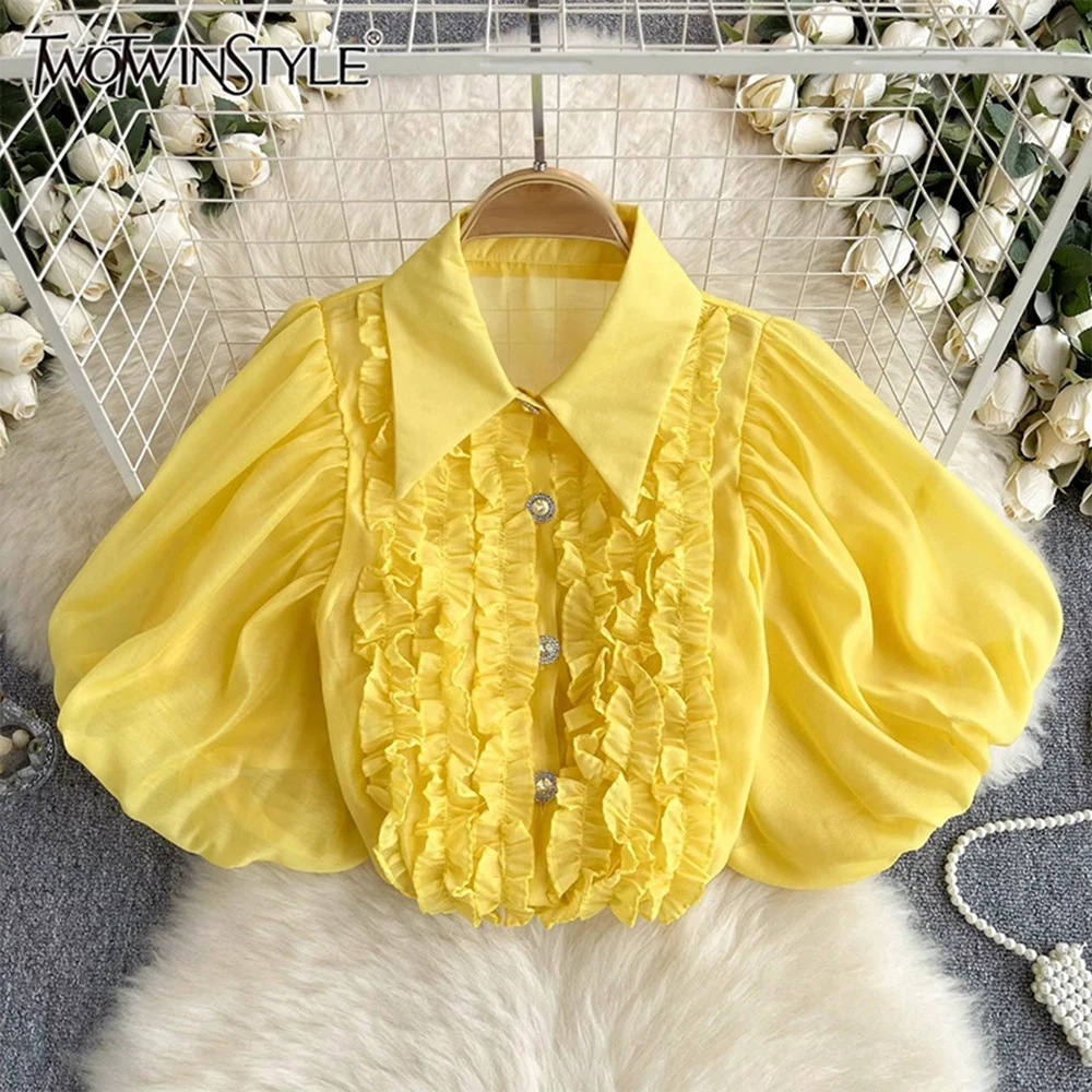 

TWOTWINSTYLE Solid Cute Spliced Folds Blouses For Women Lapel Short Sleeve Patchwork Button Casual Shirts Female New KBL542047