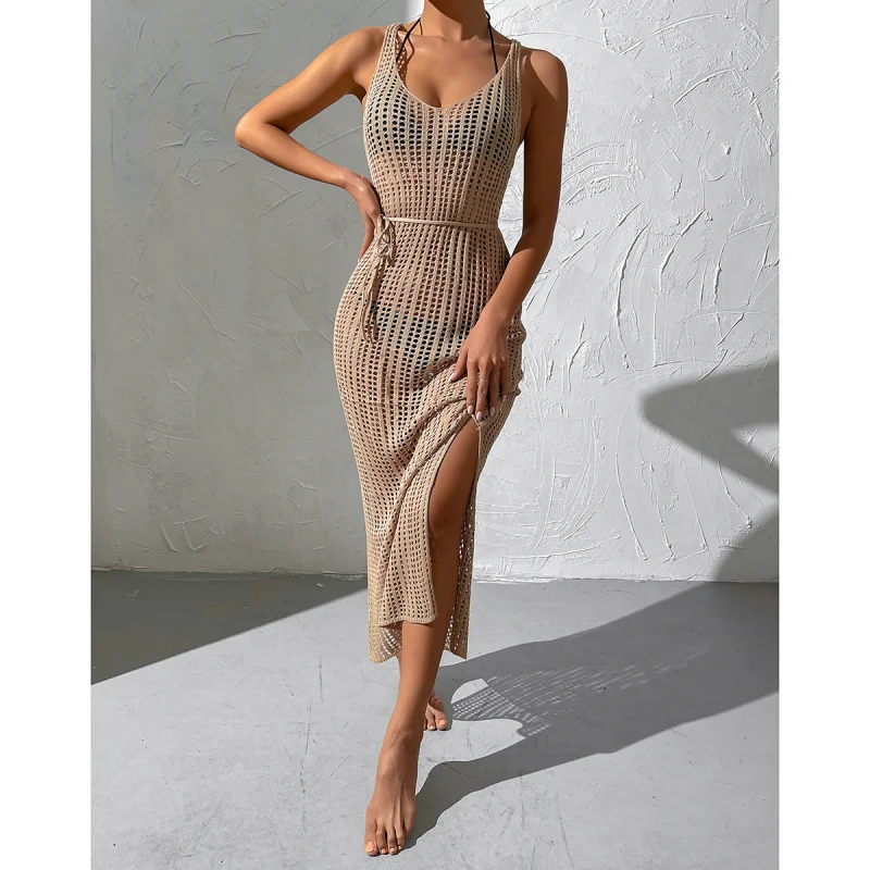 Vestido holgado de punto con espalda descubierta para mujer, vestido ahuecado transparente para playa, vacaciones de viento, 3312