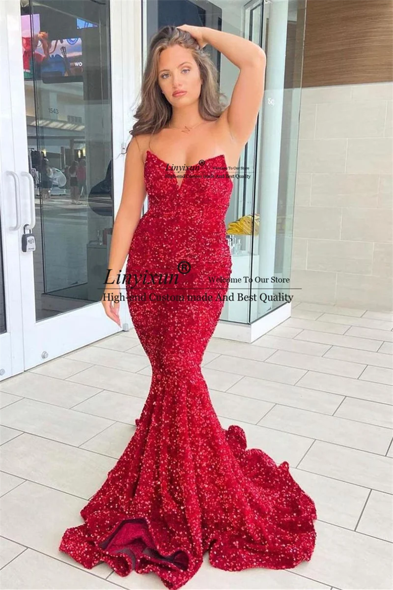 Sparky Sequins Evening Dresses Strapless Mermaid Prom Dresses 2024 Train Prom Formal Party Gowns فستان حفلات الزفاف