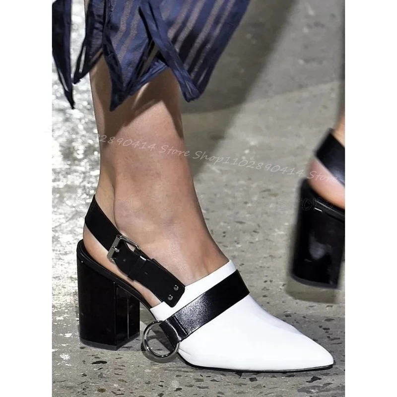 

Black White Buckle Decor Pointed Toe Runway Pumps Slip On Women Shoes Chunky High Heels Fashion Banquet 2025 Zapatos Para Mujere