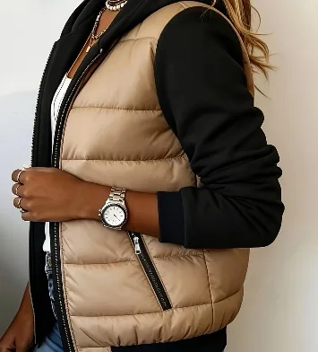 Women's Color Block Hooded Puffer Jacket -Quilted Zip Up Coat with Contrast Sweatshirt Sleeves, Casual Lightweight Winter Outer