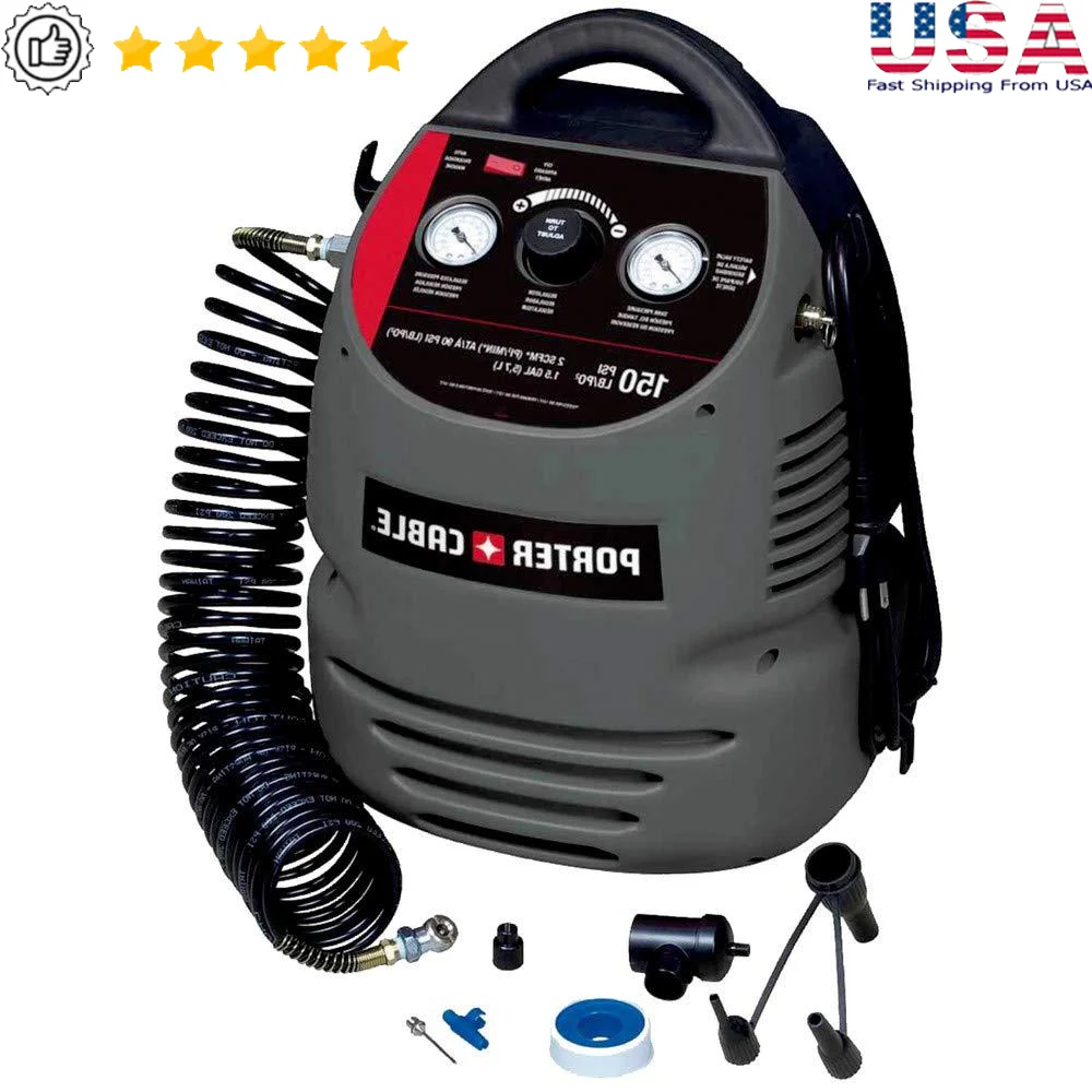 Hand Carry Air Compressor Kit 1.5 Gallon Oil-Free Shrouded Tank 25-Feet Hose Portable Electric 120V Low Noise AC Power 150 psi