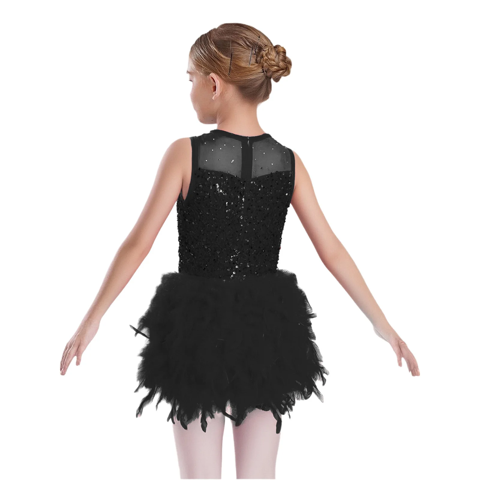 Kids Girls Velvet Gymnastics Jazz Latin Dance Leotard Dress Stage Performance Costume Sheer Mesh Sequins Feather Dancewear