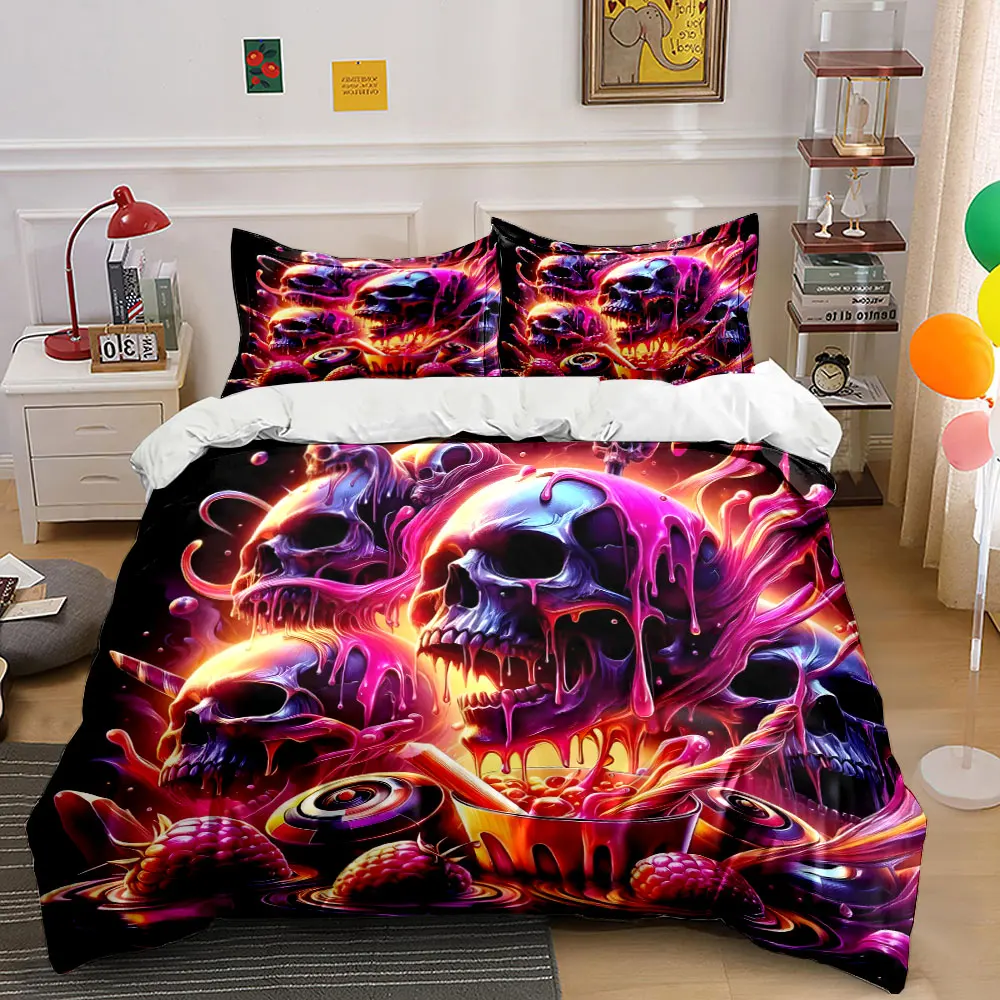 Vibrant Skulls with Melting Slime and Berries Print Bedding Set 1 Duvet Cover 2 Pillowcases for Adult and Children Luxury Gift