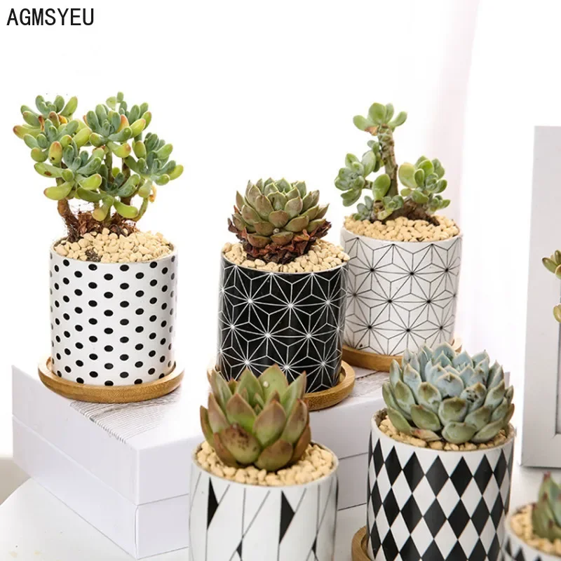 

1pcs simple geometric black and white ceramic flowerpot with holes ceramic crafts and green plants potted flowerpot with tray