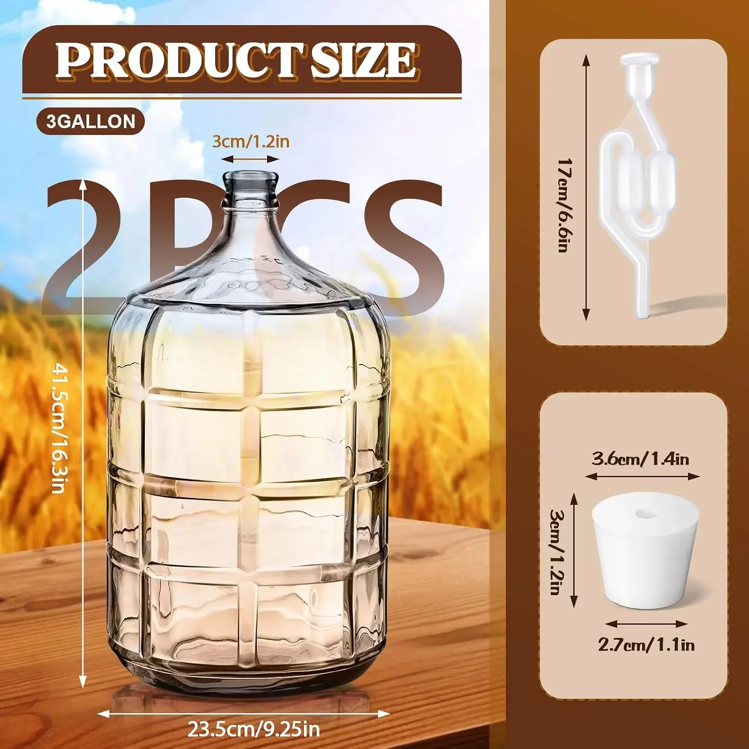 US Stock2 Pieces 3 Gallon Glass Carboy Glass Water Jug with Drilled and Undrilled Silicone Stoppers and Airlock Fermenting Jug