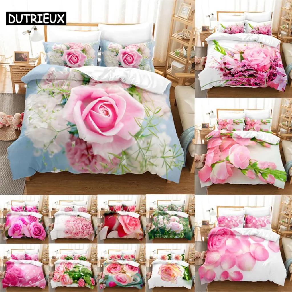 

Pink Rose Duvet Cover Set for Single Double Bed 220x240 Flower Quilt Cover with Pillowcase Queen Size Bedding Sets 3PCS 2PCS New