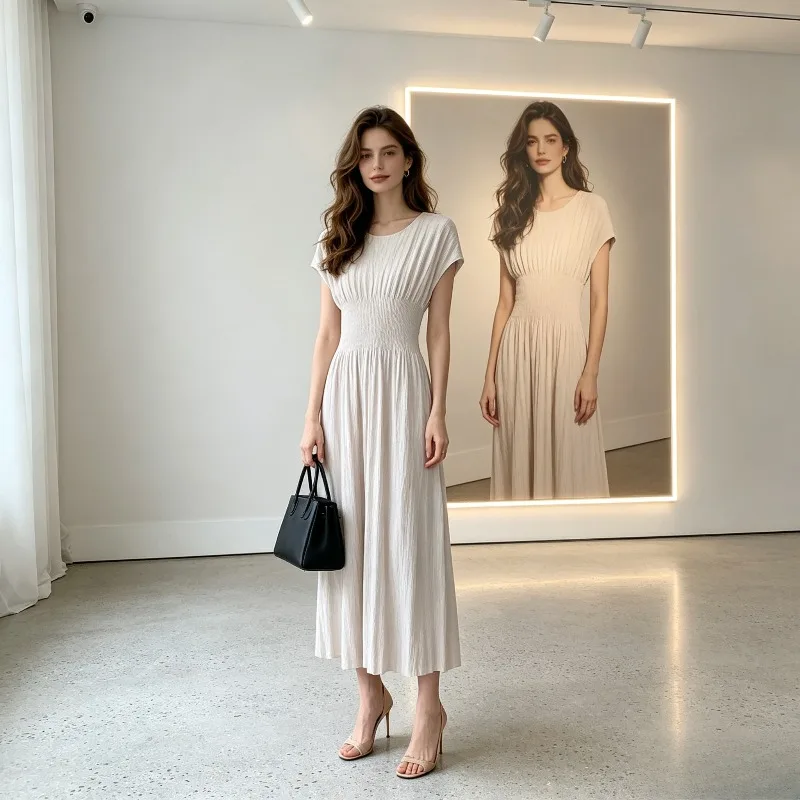 

Miyake Pleated Dress 2026 New Style Elegant Casual Round Neck Pleated Waist Design High-end Solid Color Long Dress for Women