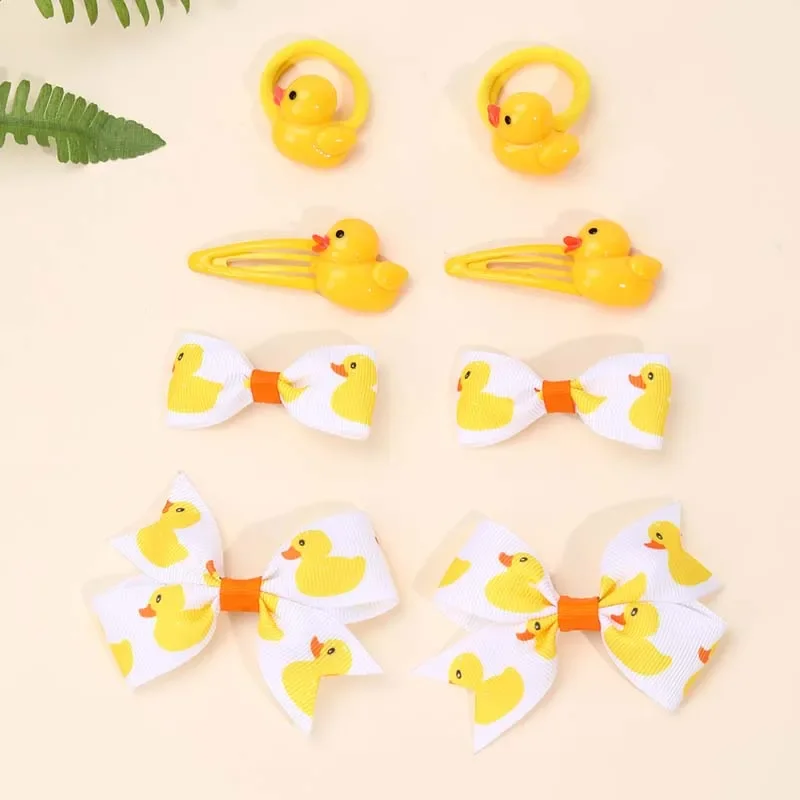 ncmama 8Pcs Duck Hair Bow Clips Hair Ties for Baby Girls Duck Print Bowknote Hairpin Korea Hair Accessories Boutique Headwear